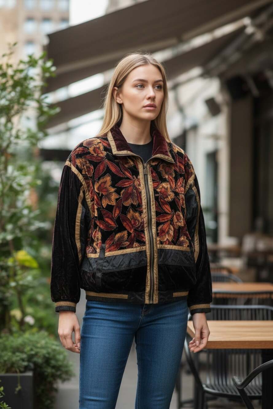 Vintage Active Stuff Velvet and Nylon Quilted Mixed Media Floral Bomber Jacket